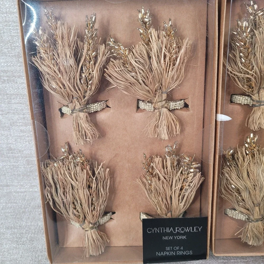 Cynthia Rowley Beaded Raffia Napkin Rings Gold Natural Wheat Thanksgiving Fall